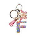 Porte-clés lettre F en résine avec pompon en cuir rose, paillettes de cœur et papillon - Lettre F Paillettes Cœur Rose (QS2157)