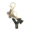 Porte-clés lettre Y en résine avec breloque papillon dorée et pompon noir élégant - Lettre Y (Style 25)