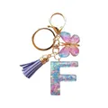 Porte-clés lettre F en résine pailletée bleue et violette avec pompon et papillon - Lettre F Paillettes Dégradé Bleu-Violet (QS2157)