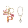 Porte-clés lettre P en résine rose avec paillettes et ensemble bracelet doré assorti - Lettre P (Style 16)
