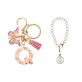 Porte-clés lettre Q en résine rose pailletée avec pompon en cuir et chaîne dorée - Lettre Q (Style 17)