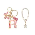 Porte-clés lettre R en résine rose pailletée avec sequins cœur et pompon cuir - Lettre R (Style 18)