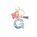 Porte-clés lettre G en résine avec paillettes violettes, papillon et pompon en soie - Lettre G Paillettes Bleu-Violet (QS2157)