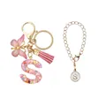 Porte-clés lettre S en résine rose avec papillon pailleté, pompon et pendentif assorti - Lettre S (Style 19)