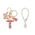 Porte-clés lettre T en résine rose avec paillettes, pompon en cuir et charm papillon - Lettre T (Style 20)