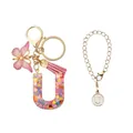Porte-clés lettre U en résine avec paillettes cœur, breloque papillon et pompon rose - Lettre U (Style 21)