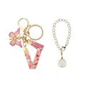 Porte-clés lettre V en résine rose avec paillettes cœur, pompon cuir et papillon doré - Lettre V (Style 22)