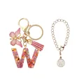 Porte-clés lettre W en résine rose pailletée avec breloque papillon et bracelet - Lettre W (Style 23)