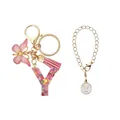 Porte-clés lettre Y en résine rose avec paillettes, breloque papillon et pompon doux - Lettre Y (Style 25)