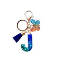 Porte-clés lettre J en résine avec paillettes, pompon bleu et pendentif papillon - Lettre J Paillettes Bleu-Vert (QS2157)