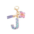 Porte-clés lettre J en résine avec papillon pailleté et pompon violet pour sac - Lettre J Paillettes Cœur de Rêve (QS2157)