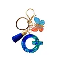 Porte-clés lettre G en résine avec paillettes bleues, pompon et papillon coloré - Style Lettre G Paillettes Bleu-Vert (QS2157)