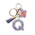 Porte-clés lettre Q en résine avec pompon violet et papillon à paillettes - Lettre Q Paillettes Cœur Bleu-Violet (QS2157)