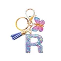 Porte-clés lettre R en résine avec paillettes bleues, papillon et pompon violet - Lettre R en Résine Cœur Coloré (QS2157)