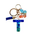Porte-clés lettre T en résine brillante avec pompon bleu et pendentif papillon - Lettre T Paillettes Bleu-Vert (QS2157)