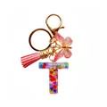 Porte-clés lettre T en résine avec paillettes cœur, pompon rose et breloque papillon - Lettre T Paillettes Cœur Coloré (QS2157)