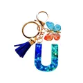Porte-clés lettre U en résine avec paillettes, pompon et papillon bleu élégant - Lettre U Paillettes Bleu-Vert (QS2157)