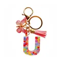 Porte-clés lettre U en résine avec paillettes, papillon rose et pendentif à pompon - Lettre U Paillettes Cœur Coloré (QS2157)