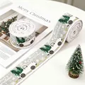 Close-up of Merry Christmas ribbons with truck and tree patterns and frayed edges - R-C15 5CM Fringed Silver Car Ribbon