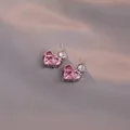Elegant silver stud earrings featuring pink heart-shaped zircon and clear stones - Pink Heart Style (E0068)