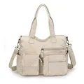 Beige vintage large capacity tote bag in wrinkled PU leather with multiple pockets - Beige Style One