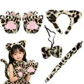 Faux fur leopard costume set with cat ear headband, bow tie, tail, and plush paw gloves - Leopard 4-Piece Set (with Paw Gloves)
