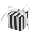 Square gift box featuring black and white vertical stripes and a white satin ribbon bow - Black and White Stripes + White Ribbon
