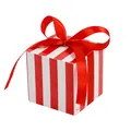 Square gift box with red and white stripes and a matching bright red satin ribbon bow - Red and White Stripes + Red Ribbon