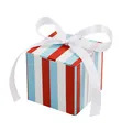 Square gift box with red, light blue, and white vertical stripes and white satin bow - Red White and Blue Stripes + White Ribbon