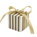 Elegant vertical striped gift box in white and gold with a satin ribbon bow detail - Gold and White Stripes + Gold Ribbon