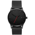 Montre à quartz noire minimaliste avec bracelet cuir et trotteuse rouge - Bracelet Noir Cadran Noir
