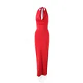 Detail van rode maxi-jurk met halternek, diepe V-hals en hoge zijsplit voor dames - S / Rood