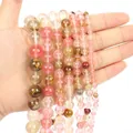 Natural strawberry quartz and yellow crystal round beads for DIY jewelry making - Watermelon Skin (Striped)