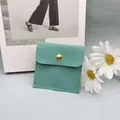 Mint green suede jewelry envelope pouch with gold button and handmade logo - Emerald Green; 6x6 cm Insert Card (No Logo)