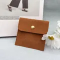 Brown suede microfiber jewelry pouch with gold snap button and handmade jewelry text - Light Brown; 6x6 cm Insert Card (No Logo)