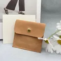 Camel suede jewelry envelope bag with golden snap button and handmade engraving - Chocolate 6x6 cm Insert Card (No Logo)
