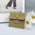 Olive green micro-suede jewelry pouch with golden snap button and handmade jewelry print - Matcha Green