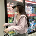 Sudadera corta con capucha rosa claro para mujer, cárdigan deportivo estilo coreano - S / Rosa Sakura