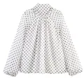 Elegante, halbtransparente weiße Chiffonbluse mit schwarzen Punkten und Stehkragen - XS / Weißpunktstein