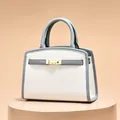 Elegant ivory and blue crossbody handbag with gold hardware and trapezoid design - Off-white