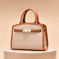 Minimalist beige and brown patchwork leather tote bag with gold buckle and top handle - Khaki