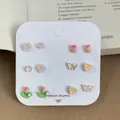 Set of 6 pairs of floral stud earrings with tulip and butterfly designs on display card - ZS1 Pink Tulip / 6 Pairs Set