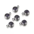 Set of 6 gold stainless steel 6mm round pendants with deep purple birthstones for DIY jewelry - Steel-Purple