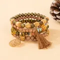 Bohemian multilayer wood bead bracelet set with Tree of Life pendant and tassel - Coffee