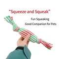 Red, green and white woven cotton rope dog chew toy with squeaky knotted design - Tri-Color S-Shape Candy Rope (B30115)