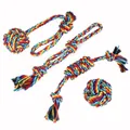 Rainbow multi-color braided cotton dog rope toy set with bone knot and ball shapes - 4-Piece Set (Rainbow Colors) (B30109)