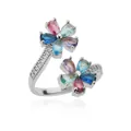 Macro detail of silver floral ring with pear-shaped colorful gems and zircon inlay - Silver Colorful Double Flower (P7124353)