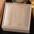 Elegant gold-plated daisy drop threader earrings displayed on a luxury jewelry box - Daisy Ear Threader (G374)