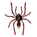 Detailed close-up of spider brooch with red rhinestones and green rainbow stone inlay - Enamel Craft Red-Black Striped Spider Brooch