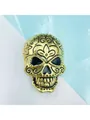 Golden skull brooch featuring black floral Mexican Day of the Dead motifs and patterns - Mexican Style Floral Pattern Skull Style / Bright Gold